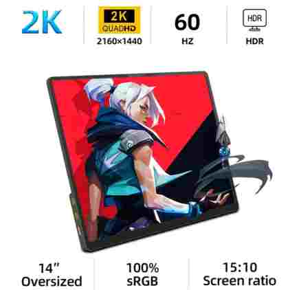 ZSUS 2160*1440 노트북 XBox PS4 / 5 스위치 TV 박스 휴대 전화 PC 확장 모바일 용 14 인치 2K 휴대용 모니터 60HZ