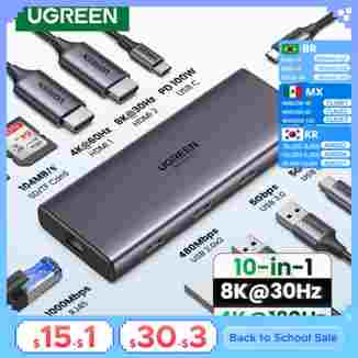 UGREEN 듀얼 HDMI USB-C 허브 8K 4K HDMI 어댑터 MacBook Pro Air 노트북 USB 허브용 RJ45 USB3.0 PD 100W 도크가 포함된 10 in 1 분배기