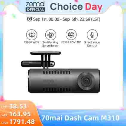 70mai 대시캠 M310 차량용 카메라, 1296P 나이트 비전, 70mai M300 차량용 DVR 녹음기, 24 시간 주차 모드, 와이파이 및 앱 제어, 음성 제어