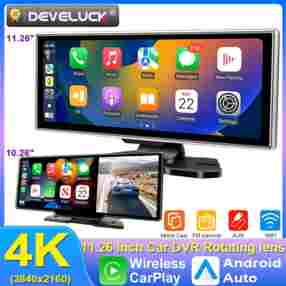 10/11.26 인치 대시 캠 4K 자동차 DVR 무선 Carplay 및 안드로이드 자동 GPS 네비게이션 비디오 레코더 대시 보드 듀얼 렌즈 Wifi FM AUX