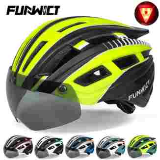 FUNWICT 남녀공용 MTB 자전거 헬멧, 고글 LED 후미등, 성인용 사이클링 안전 스쿠터, 산악 도로 자전거 헬멧