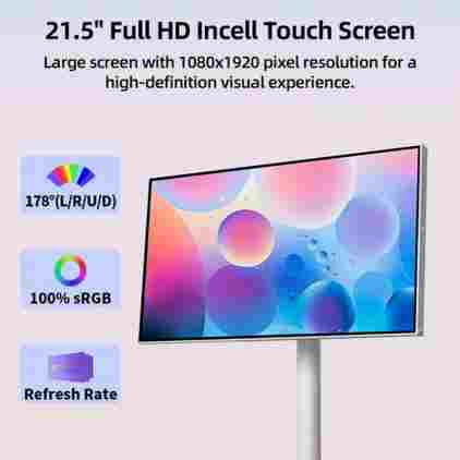 회전 가능한 22인치 플로어 스탠드 안드로이드 13 TV (4K 뷰티 카메라 탑재), 6G+128G 1080P 태블릿, 가정용 멀티미디어 디스플레이 (72WH 배터리)