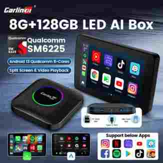 CarlinKit LED 무선 카플레이 안드로이드 자동 박스, 카플레이 Ai 박스, 안드로이드 13 비디오 재생 분할 화면, 퀄컴 8 코어 FOTA, 128GB