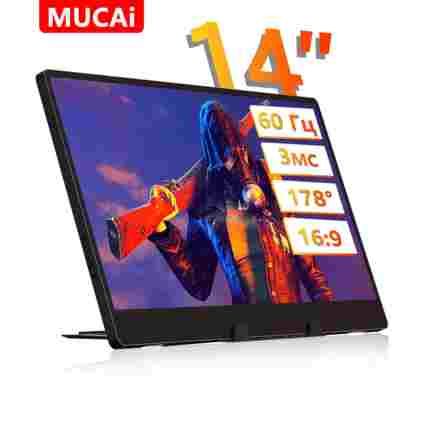 MUCAI N140-S36 14인치 휴대용 모니터(러시아어 USB-C HDMI 플러그 앤 플레이 178 포함) ° 광각 60Hz 스피커 + 케이블