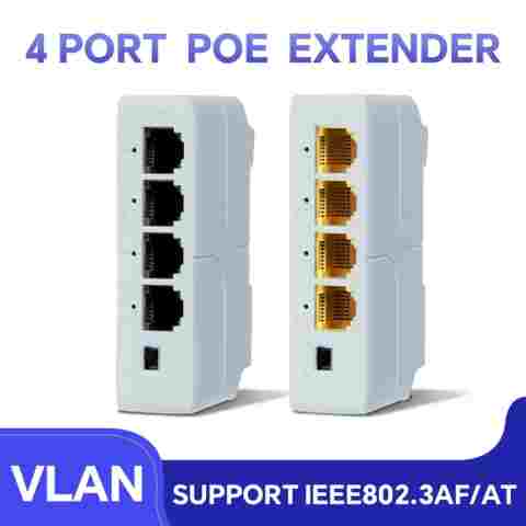 Hisource 4 포트 100Mbps 이더넷 POE 확장기 지원 IPC/POE 스위치용 DIN 레일 마운트 네트워크 표준 IEEE 802.3af/at
