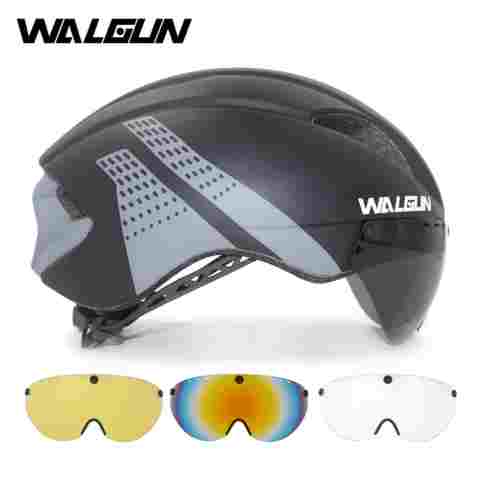 WALGUN 에어로 사이클링 헬멧, 로드 바이크 헬멧, 성인용 렌즈 고글 바이저, 타임 트라이얼 TT 트라이애슬론 자전거 헬멧, 남성 및 여성용, M L